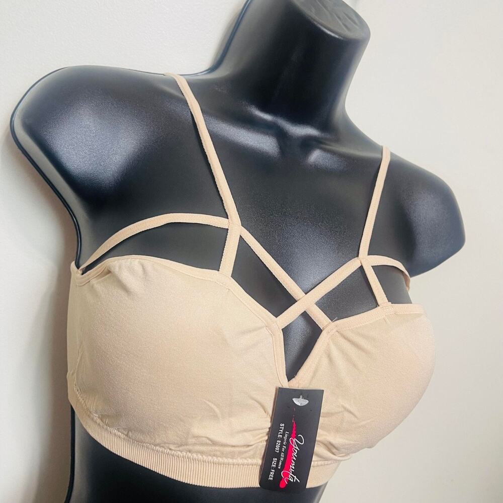 Youmita Seamless Bralette Criss-Cross Front, Free Size Fits S - L, Beige, PADDED